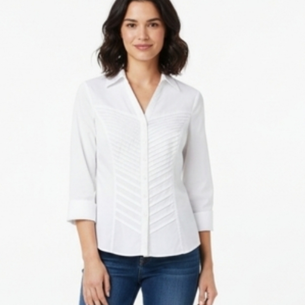 Christopher & Banks White Pintuck Button Down Shirt Size M 3/4 Sleeve